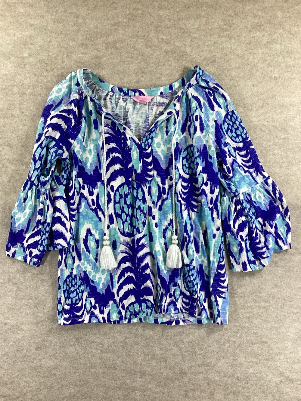 Lilly Pulitzer Tropi Call Me Blue Peasant Blouse with Tassels